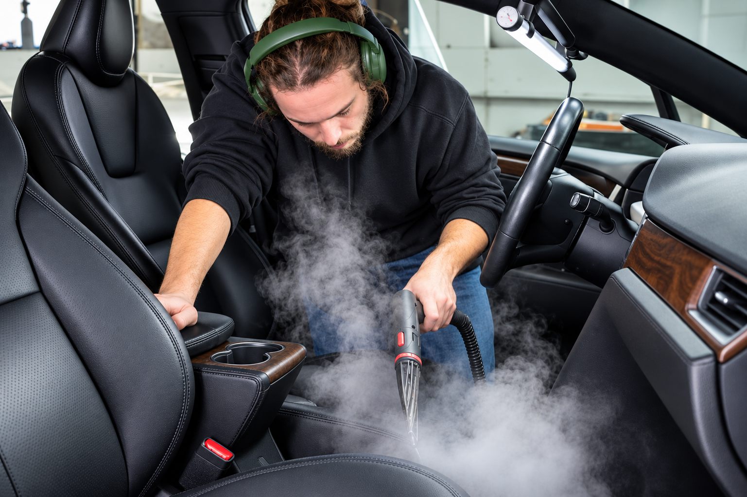 Technician steam cleaning a car interior